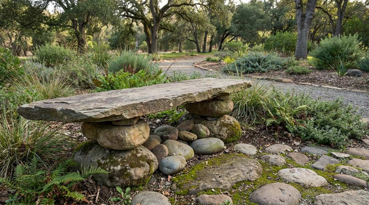 A stone garden bench featuring a flat natural stone slab resting on rounded river rocks, showcasing a mortar-free design that highlights natural stone relationships. The loose rock base allows for subtle movement and settling over time, reflecting Japanese garden philosophy and Buddhist principles of impermanence.