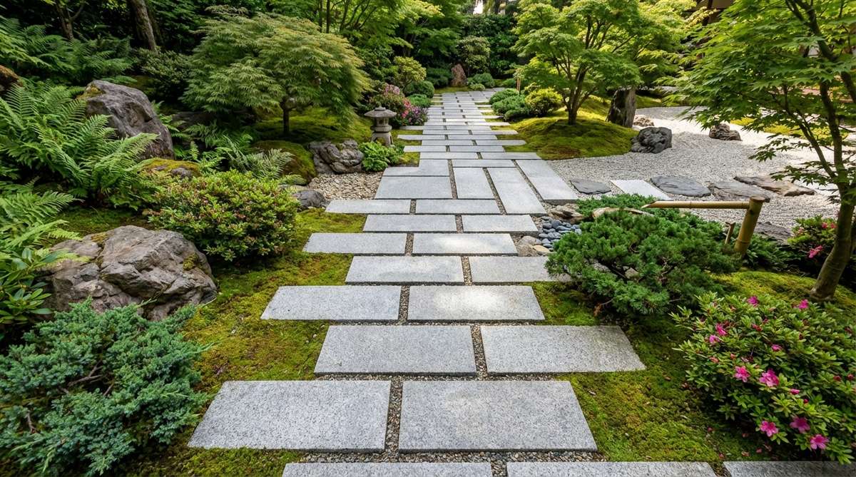 Rectangular cut stones laid in staggered running bond pattern forming a formal path in a Japanese garden, showcasing the transition from wild garden to cultivated architectural space with precise geometry and proper drainage considerations.