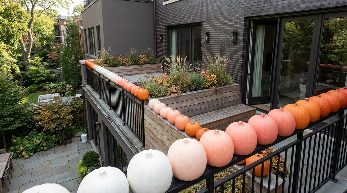A sophisticated Halloween balcony decor featuring pumpkins painted in a gradual ombre gradient from white through coral to deep orange. Arranged in linear progression along railings or stepped planters, this modern design uses uniform-sized pumpkins with matte acrylic paint for even coverage that withstands outdoor humidity. Perfect for design-conscious decorators seeking alternatives to traditional orange, the gradient principle can also be adapted to purples, blues, or metallic palettes.