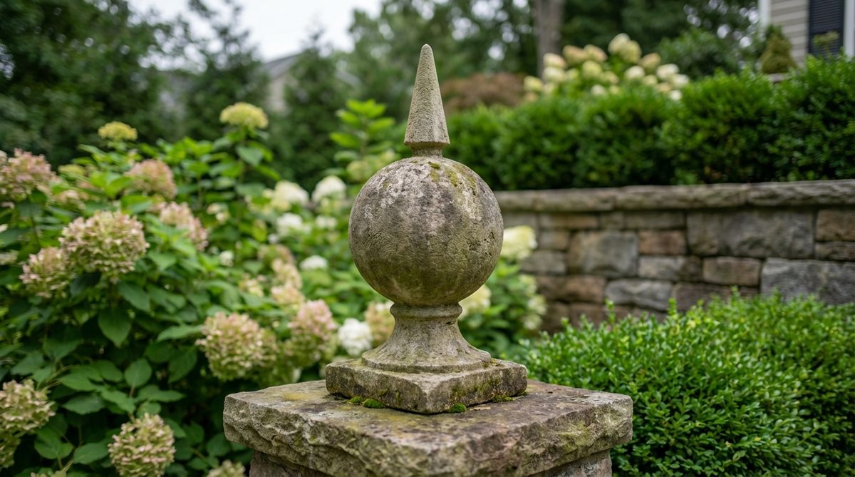 A carved limestone finial featuring a spherical orb supporting a tapered spike, designed for stone garden obelisks. The traditional Baroque-inspired ornament measures 8-12 inches tall with proportional dimensions, providing both aesthetic appeal and functional bird deterrence.