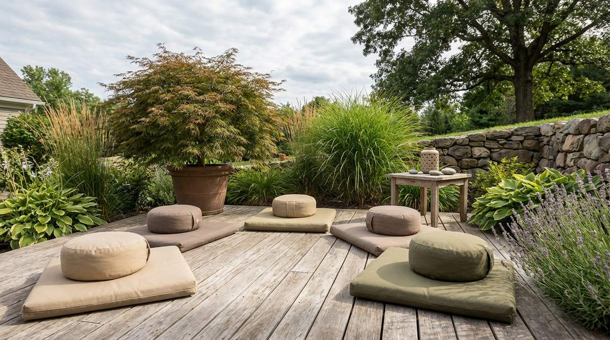 Round zafu and rectangular zabuton meditation cushions arranged on wooden decking in a boho garden, creating a mindfulness space with earth-toned outdoor canvas covers filled with buckwheat hulls or dense foam, surrounded by calming plantings for contemplative retreats.
