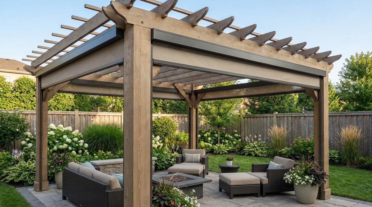 Motorized outdoor roller shades installed on a pergola, featuring Sunbrella or vinyl-coated polyester fabric for easy cleaning and durability. The shades are shown in a retracted position with sleek housing, maintaining clean architectural lines, ideal for adjustable privacy and wind protection in outdoor decor.