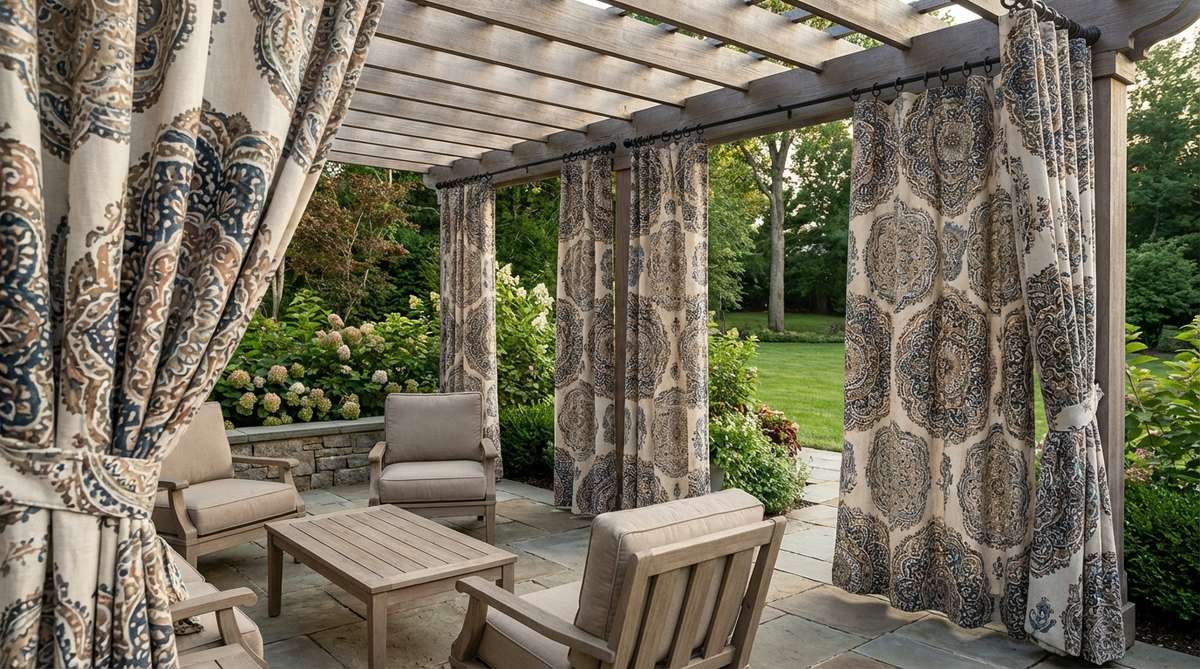 Weather-resistant tapestry curtains hung from a pergola or porch with mandala, paisley, or bohemian floral patterns. Installed using rust-proof rods and weighted hems to prevent billowing while creating privacy, shade, and vertical pattern in outdoor spaces.