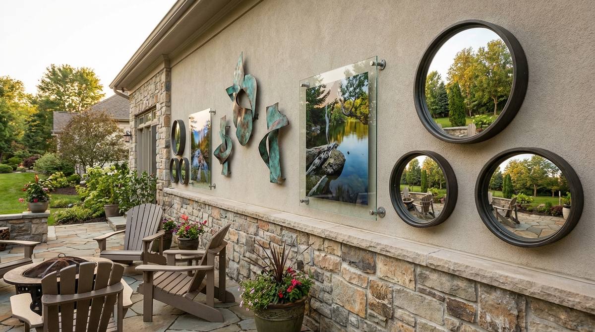 Weather-resistant metal sculptures and framed art pieces for exterior walls, with mirrors creating illusions of expanded space. Features protective clear coats for outdoor use and proper anchoring techniques.