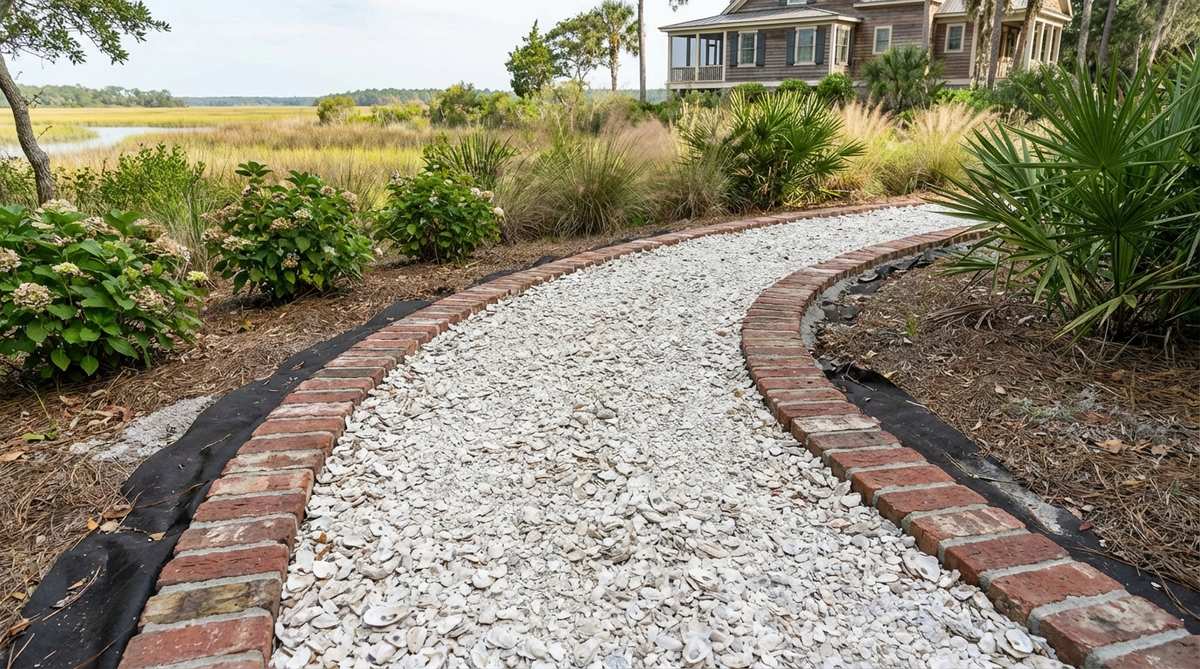 A coastal-inspired garden path featuring crushed white oyster shells for excellent drainage, framed by running-bond brick borders installed on edge. This design shows proper installation with landscape fabric underlay and demonstrates how the shells compact over time, ideal for Southern and Mid-Atlantic coastal gardens.