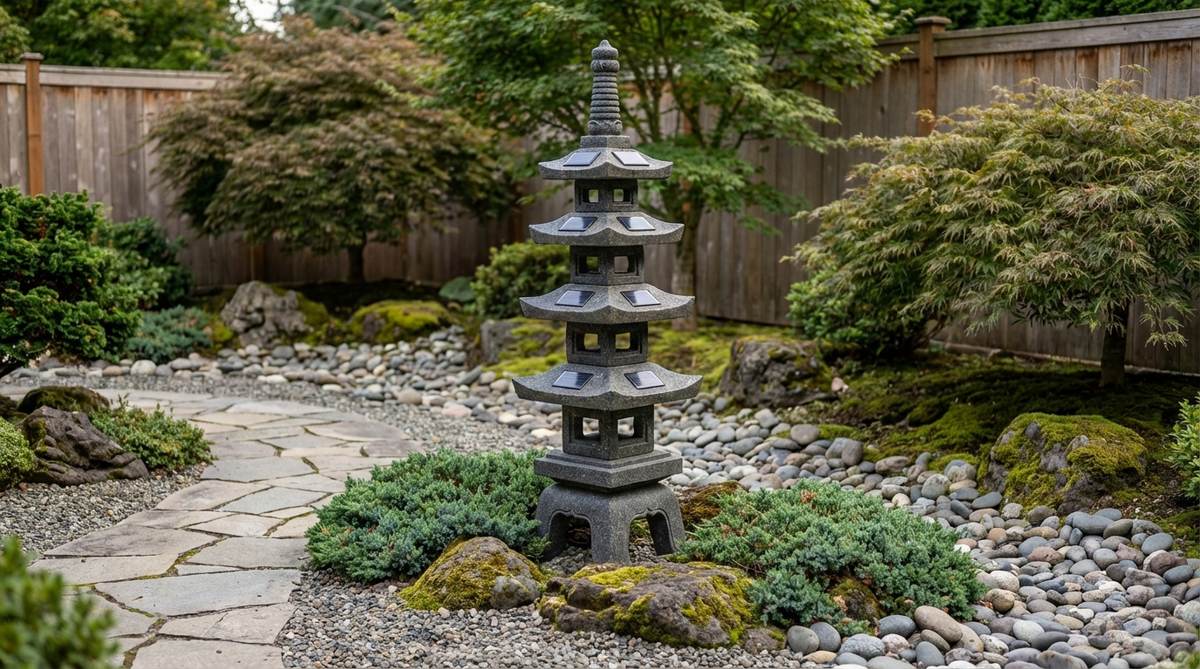 A multi-tiered pagoda lantern statue in a Zen garden, symbolizing Buddhist temple architecture and spiritual elevation. Features ascending levels that represent the path to enlightenment, designed to balance horizontal garden spaces or anchor pathways. Modern versions may include hidden solar panels for gentle evening illumination.
