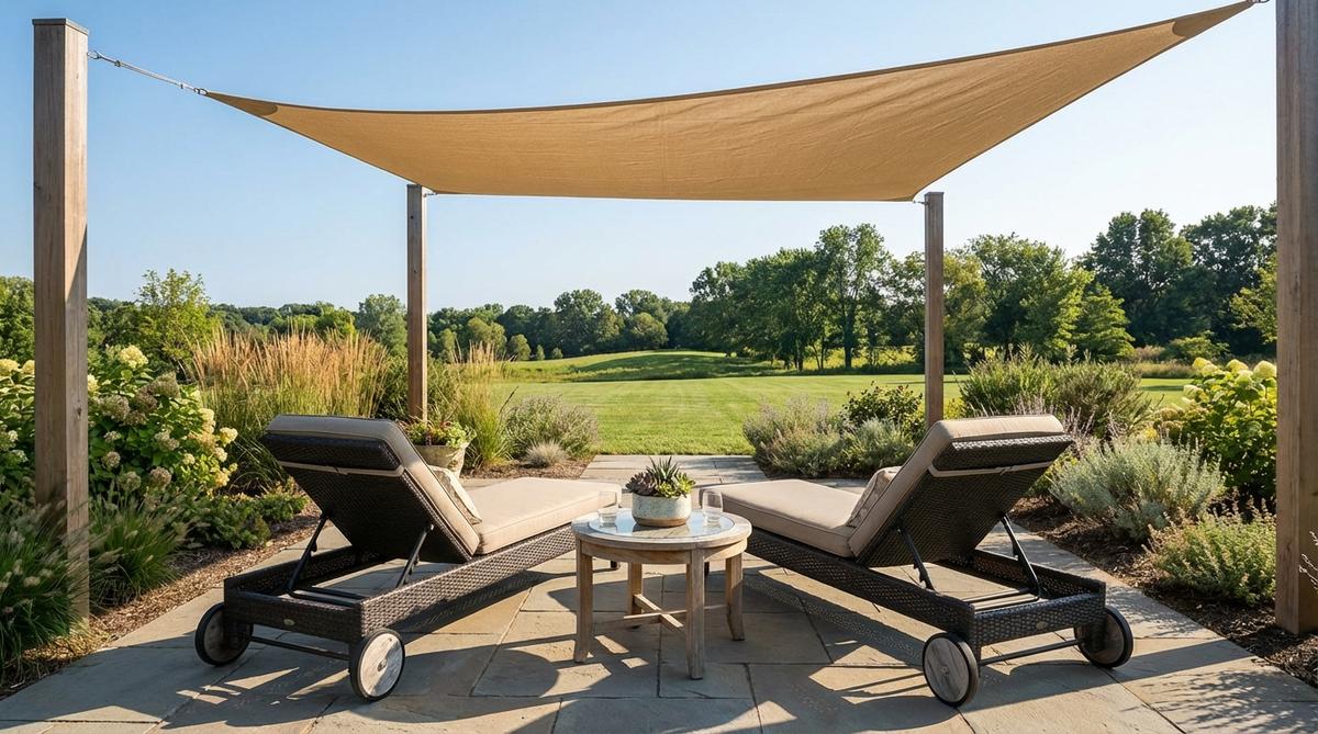 Two adjustable chaise lounges positioned side-by-side at a slight angle, oriented toward the sun or view, with a triangular shade sail overhead providing sun protection. A shared side table is placed between the lounges within arm's reach, and the chaises feature wheels for easy repositioning. This setup is ideal for couples seeking proximity while allowing independent adjustment for activities like sunbathing or reading.