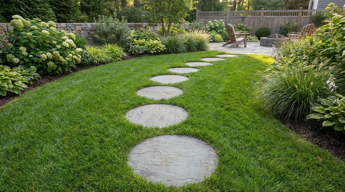 Circular Pennsylvania bluestone discs used as stepping stones in a garden path, showcasing their refined character, uniform diameters for easy installation, and neutral coloring suitable for both traditional and contemporary settings.
