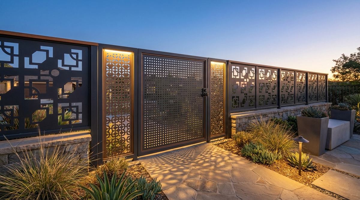 A contemporary garden fence entry gate featuring perforated metal panels with geometric cutouts that provide ventilation while creating decorative shadow patterns. The gate matches the fence design with denser perforation for privacy, enhanced by LED strip lighting that illuminates the pattern at night. Powder-coated in contrasting colors for subtle emphasis on the entry statement.