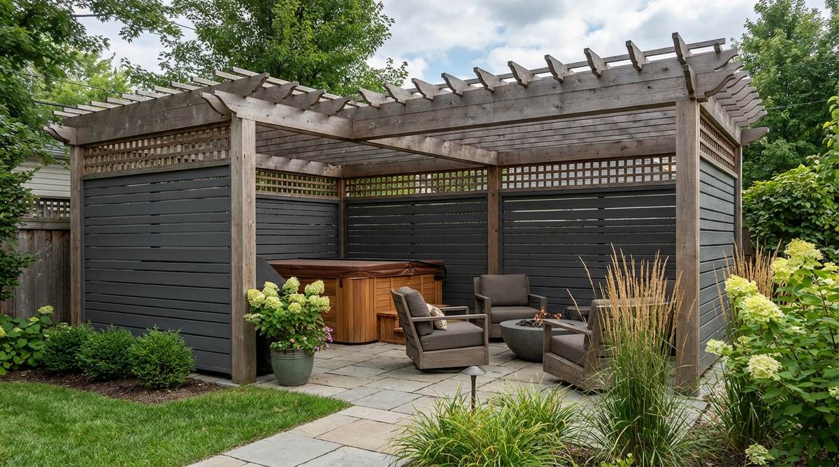 A small garden pergola featuring privacy screen walls with solid panels and lattice sections, creating an enclosed outdoor room perfect for urban gardens. The design includes horizontal slats for airflow while maintaining privacy, suitable for hot tubs or intimate conversation areas.