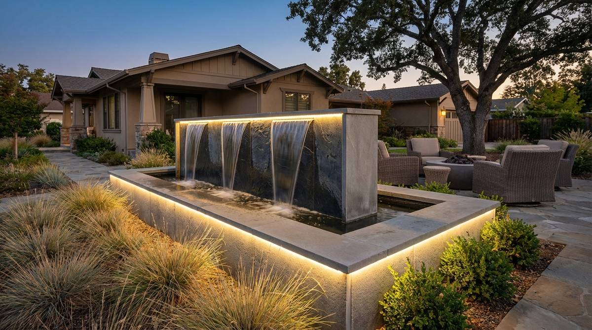 A contemporary garden fountain featuring a perimeter-lit basin water wall with LED strips lining the edges, creating uplighting that highlights the water collection pool. This design emphasizes cascading water with indirect lighting, suitable for both traditional and modern landscapes, using warm white, cool white, or RGB LED options for enhanced aesthetics and safety.