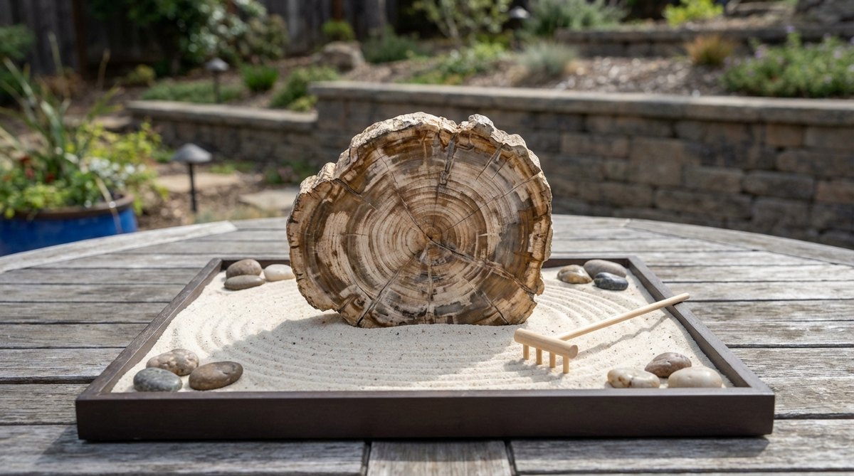A close-up photograph showing an ancient petrified wood fragment as the centerpiece in a mini zen garden with cream-colored sand. The detailed tree rings of the fossil are clearly visible, creating a connection to deep geological time. This display combines paleontological interest with meditative elements, offering perspective on daily concerns through earth's long history.