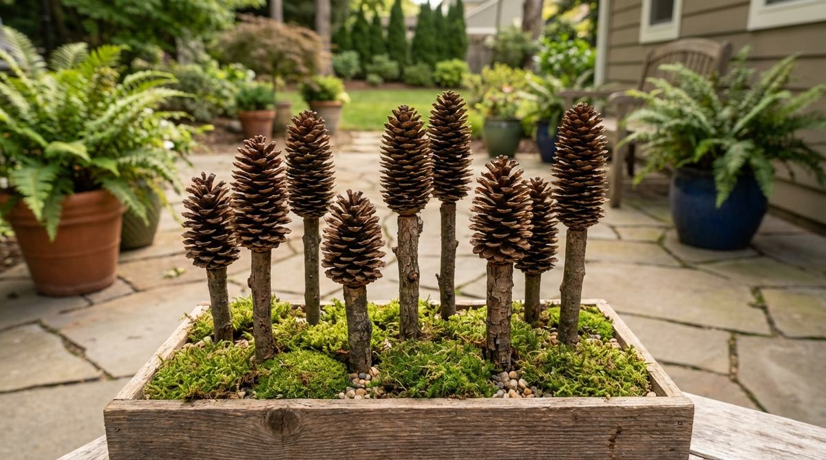 Small pinecones mounted on twig trunks create scaled evergreen trees for fairy garden landscapes. The DIY project uses hemlock, spruce, or small pine cones drilled and glued to 3-4 inch twig sections, planted in moss or secured in wooden platforms for permanent fairy garden positioning.