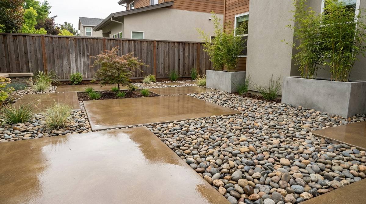 A modern zen garden design featuring smooth polished concrete pads adjacent to beds of rounded river rocks. The polished concrete surfaces are sealed with clear penetrating sealer for enhanced color depth, creating a striking contrast with the natural, irregular river stones sized 2-4 inches. This design creates a tactile dialogue between machine-finished flatness and water-worn irregularity, embodying the zen concept of harmony in opposing forces.
