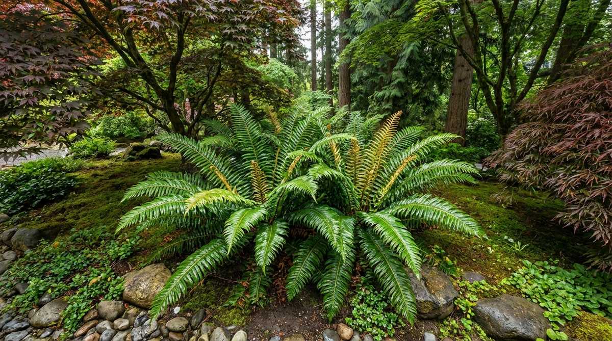 A lush Tassel Fern (Polystichum polyblepharum) with glossy dark green fronds that emerge golden before maturing to rich evergreen color. The finely cut foliage maintains structure through winter, creating substantial mid-layer presence in shade borders of a Japanese garden. The architectural form anchors compositions while the glossy texture reflects available light beneath Japanese maples or evergreen canopies.