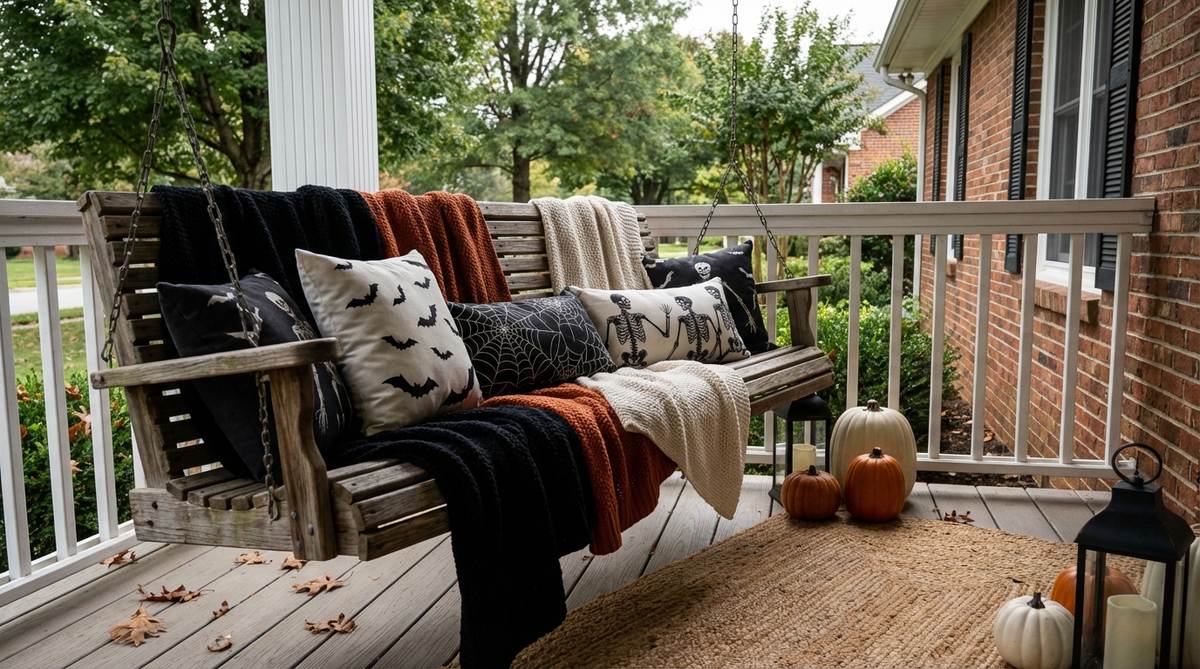 A porch swing or bench transformed into a Halloween lounge, draped with weather-resistant throws in black, orange, and cream, and adorned with spooky cushions featuring bats, webs, or skeleton prints. Ideal for creating a cozy, festive hangout spot during trick-or-treating, with tips for maintenance and securing throws in windy conditions.
