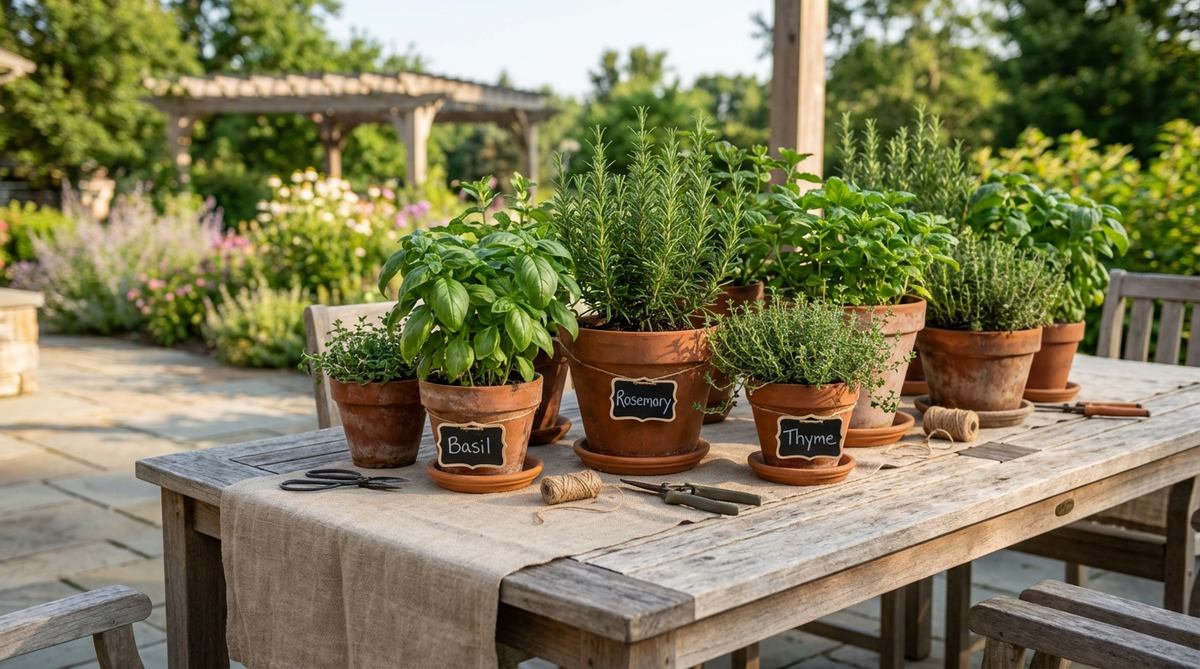 A group of terracotta pots filled with fresh herbs like basil, rosemary, and thyme arranged as functional and fragrant centerpieces on a table runner at an outdoor decor party, enhancing ambiance with aromatic foliage that guests can take home as favors.
