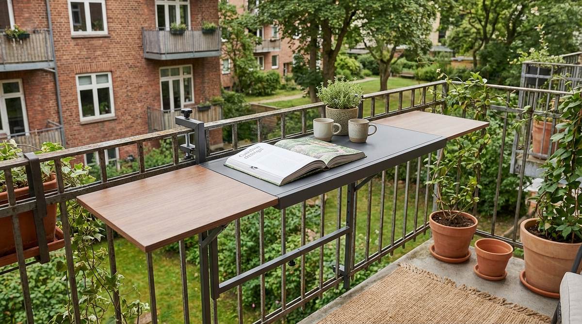A railing-mounted balcony bar table with adjustable clamps for railings 1.4 to 4 inches thick, featuring five-level height adjustment for standing or seated use. It has anti-rust powder-coated steel frames, a cantilever design for space-saving, foldable wings to expand surface area, and supports 50-80 pounds for versatile urban balcony furniture.