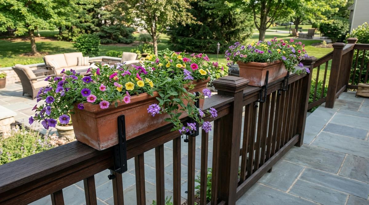 Space-saving railing planters with adjustable brackets for decks and balconies, featuring cascading plants like million bells and trailing verbena that soften edges without using floor space.