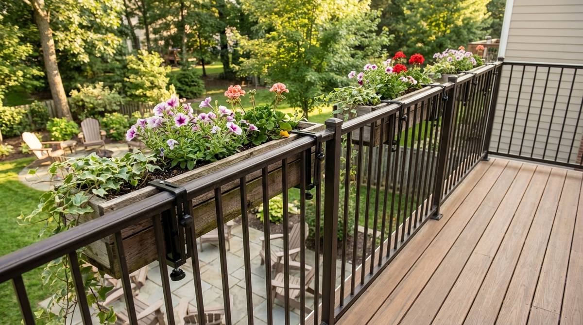 Adjustable brackets clamp planters directly onto balcony railings without tools, with troughs running parallel to rails to maximize linear planting area while leaving floor space completely open.