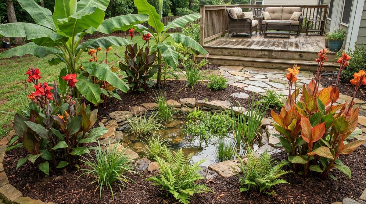 A lush tropical rain garden design featuring banana plants and canna lilies arranged in masses. The garden captures rainwater runoff in a shallow depression, showcasing water-tolerant species that thrive in periodically saturated conditions while delivering ornamental beauty with vibrant foliage and tropical aesthetics.