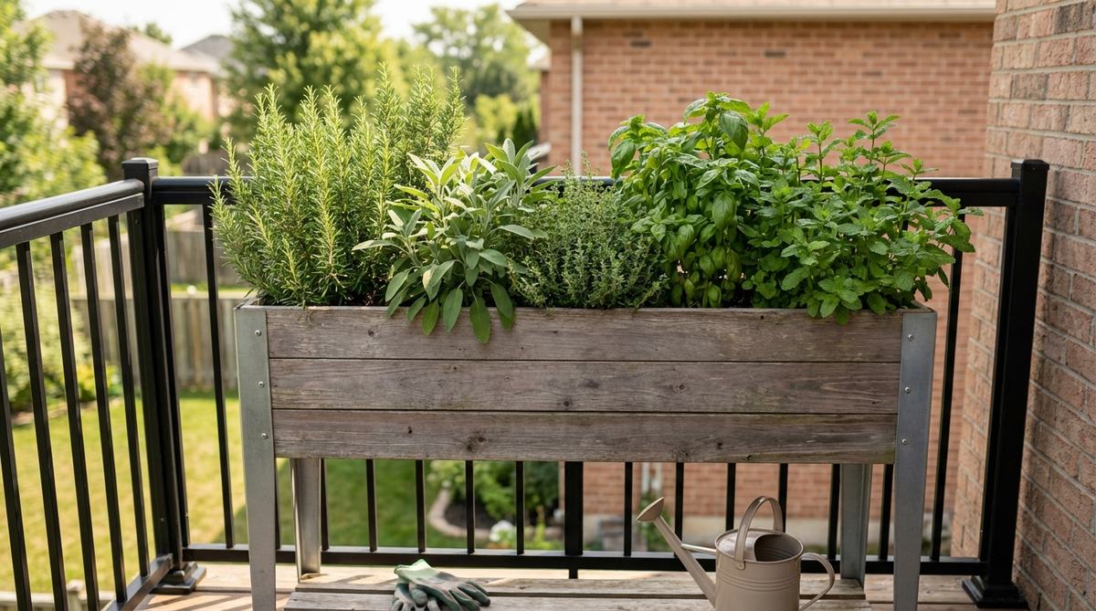 A waist-height herb trough on legs positioned along a balcony railing, creating a slim raised bed filled with a mix of perennial and annual herbs like rosemary and sage. The planter features a lightweight frame with integrated liner and proper drainage, designed to reduce bending for easy harvesting while serving as a green privacy screen.