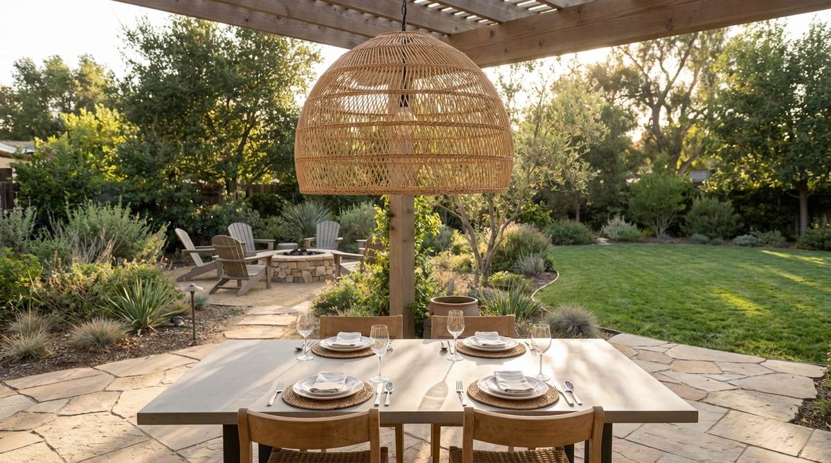 A woven rattan or bamboo pendant light fixture with clean geometric shapes like a dome, sphere, or cylinder, casting beautiful patterned shadows when lit, ideal for modern boho decor above dining tables or seating areas.