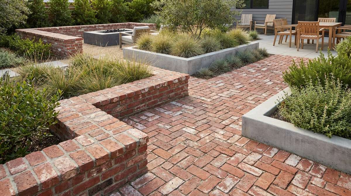 A modern garden featuring salvaged brick accents used as decorative edging and paving, showcasing how reclaimed materials add historical character to contemporary outdoor spaces.