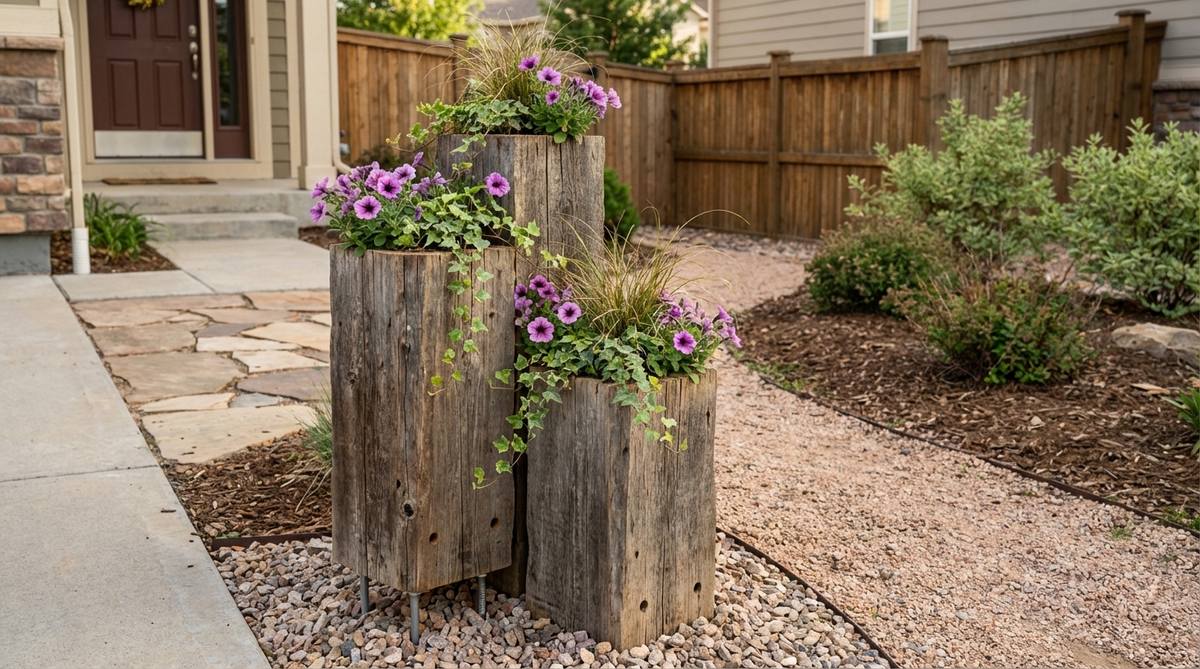 Vertical accent planters made from weathered fence posts with hollowed tops, ideal for narrow spaces and adding rustic height to flat landscapes. Features planting cavities, drainage holes, and installation tips for gravel or stakes, perfect for clustered groupings near entries or pathways in rustic garden decor.