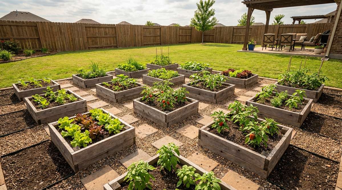 A modular mini garden bed layout featuring 9-12 small rectangular beds (2x3 feet each) arranged in a grid pattern with 18-inch cross-hatch paths, providing 54-72 square feet of growing area for easy access, succession planting, and crop rotation.