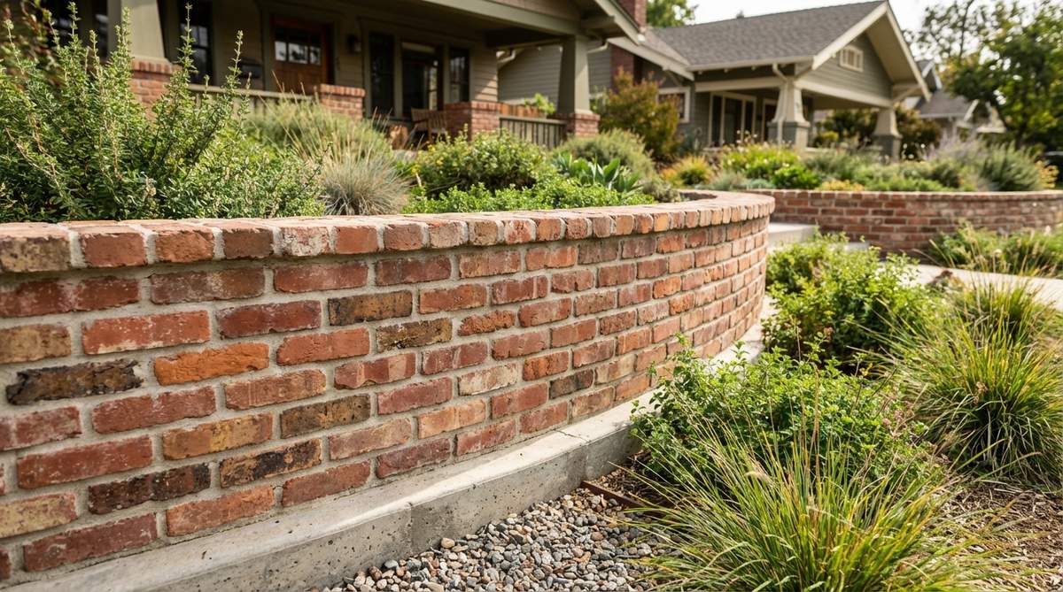 A rustic recycled brick garden wall built with reclaimed bricks from demolished buildings, showcasing varied colors and weathered patinas. The wall is constructed in a traditional running bond pattern with fresh mortar joints, set on a proper footing with drainage, ideal for small garden retaining walls. It integrates seamlessly with heritage home styles, highlighting sustainability and historical character.