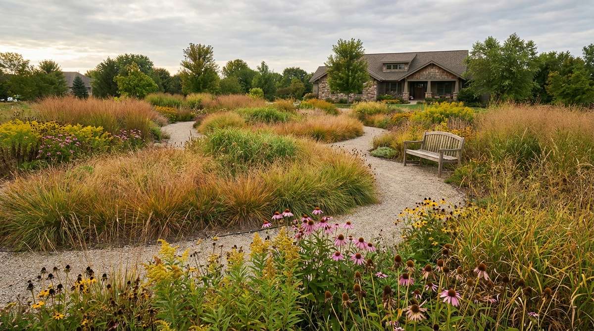 A serene garden scene featuring native grasses and wildflowers arranged in large, flowing clumps, inspired by prairie landscapes. The soft, swaying plants create a dynamic yet peaceful atmosphere, with seasonal changes and seed heads providing habitat for birds. Ideal for low-maintenance, biodiverse gardens on larger lots, with paths for tranquil walks.