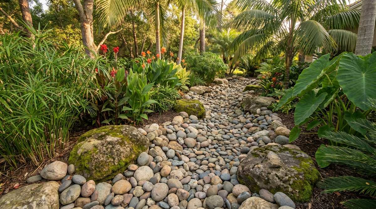 A dry stream bed made with smoothed river rocks in a tropical garden, simulating a seasonal water channel. The feature is edged with moisture-loving plants including papyrus, canna, and elephant ear, with larger boulders positioned as focal points within the rock bed to manage runoff while adding visual interest.