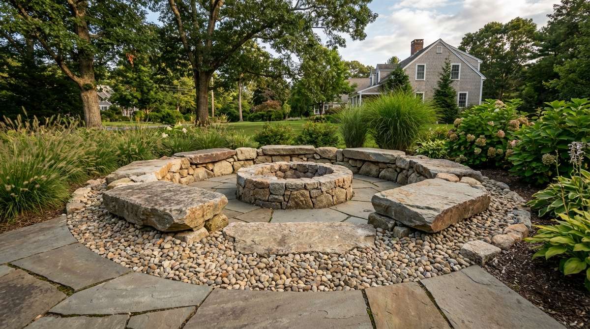 A rustic outdoor fire pit area featuring concentric circles of natural stone rocks arranged as a surround, with flat-topped boulders serving as informal seating and smaller stones filling gaps. The inner ring uses heat-resistant granite or fieldstone to withstand thermal stress, while pea gravel between outer stones ensures proper drainage to prevent muddy conditions.