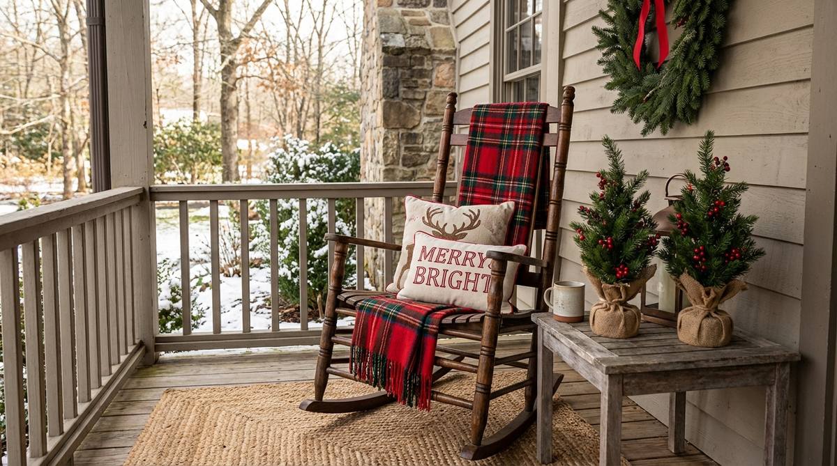 A styled outdoor rocking chair on a porch, featuring plaid throws, decorative pillows, and small evergreen arrangements for a cozy Christmas decor vignette.
