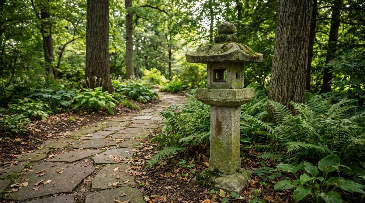 A simple stone lantern designed for roji pathways leading to tea houses, standing 15-30 inches tall with minimal ornamentation. Placed at intervals along curved paths with subtle offset positioning, it embodies wabi-sabi principles with weather staining and moss growth enhancing its connection to tea ceremony philosophy.