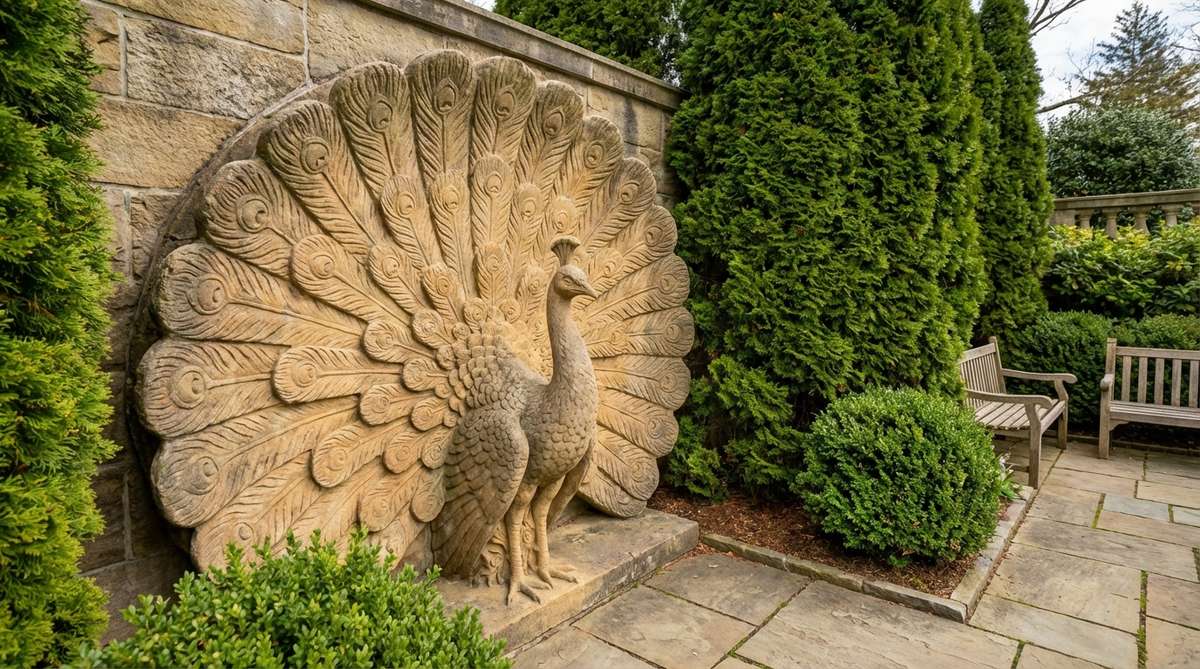 A detailed stone carving of a peacock with elaborate tail feathers, showcasing ornamental stonework suitable for formal gardens. The fan-shaped plumage creates a spectacular focal point against plain backgrounds like stone walls or evergreen hedges.