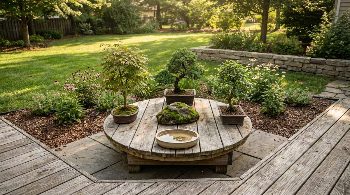 A rotating lazy Susan platform displaying 3-4 small bonsai trees arranged around its perimeter, with a decorative centerpiece like a viewing stone or water basin. This setup allows easy viewing from all angles for balanced tree development and makes watering and pruning more ergonomic.