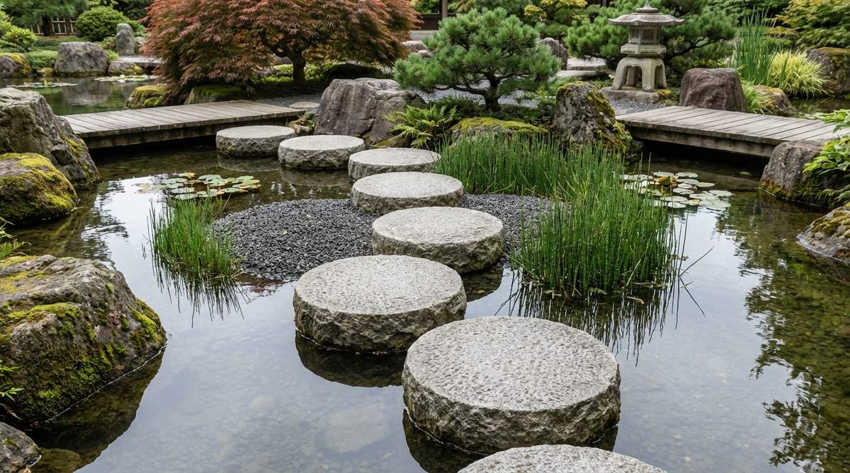 A close-up photo showing round granite stepping stones arranged in a linear sequence across a zen garden water feature. The stones are 16-24 inches in diameter with bush-hammered surfaces for traction and naturally split edges for an organic appearance. They're spaced 18-24 inches apart for comfortable single-stride passage, with subtle elevation changes between stones to engage attention. Water plants or raked gravel surround each stone, creating isolated landing points within the larger garden composition.