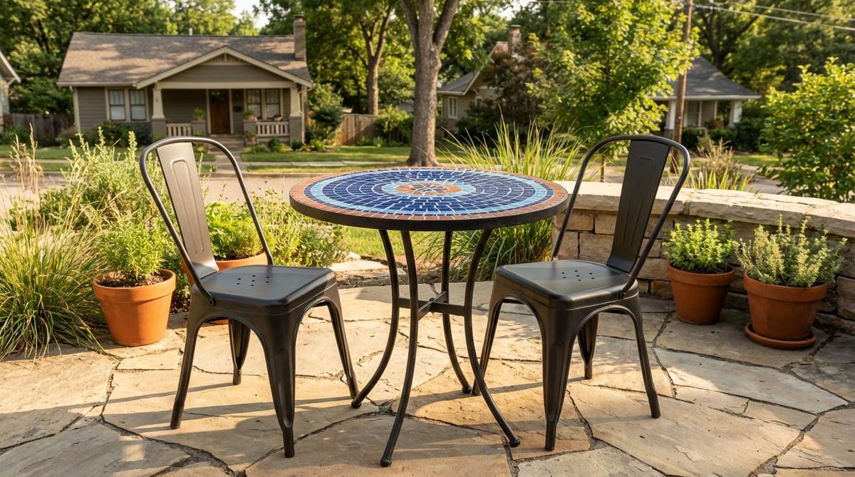 A modern garden bistro set featuring a handcrafted mosaic tabletop in Mediterranean blues and terra cotta, with ergonomic metal chairs that have contoured backs and perforated seats for comfort and ventilation. Ideal for small patios, the set is durable and stackable for easy storage.