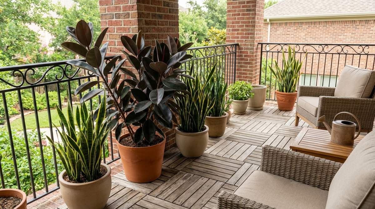 A decorative balcony arrangement featuring a burgundy rubber tree with glossy, bold foliage paired with architectural snake plants. This low-maintenance duo creates visual interest through contrasting leaf shapes and forms, perfect for beginners seeking tropical aesthetics with minimal care requirements.