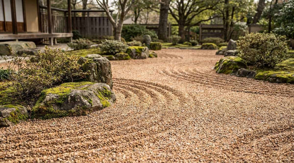 A close-up view of the ryusui pattern in a Japanese stone garden, showing parallel curved lines raked through gravel to represent gentle stream currents. The lines meander naturally around stones, with varying spacing to suggest changes in water speed, from narrow gaps for fast-moving currents to broader spacing for calm pools. This design guides viewer perception through the garden, creating graceful movement that contrasts with static stone elements.