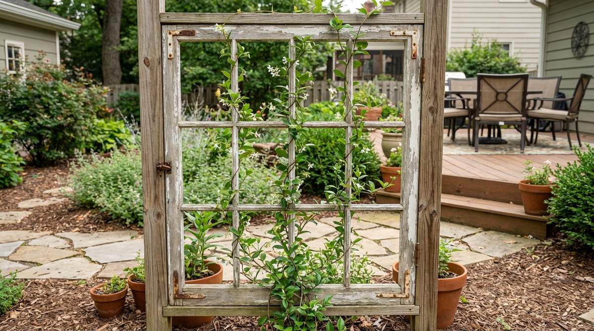 A vertical vintage multi-pane window frame repurposed as a garden trellis, with climbing vines threading through the grid pattern. The weathered wood adds rustic character to this creative upcycled garden decor idea.