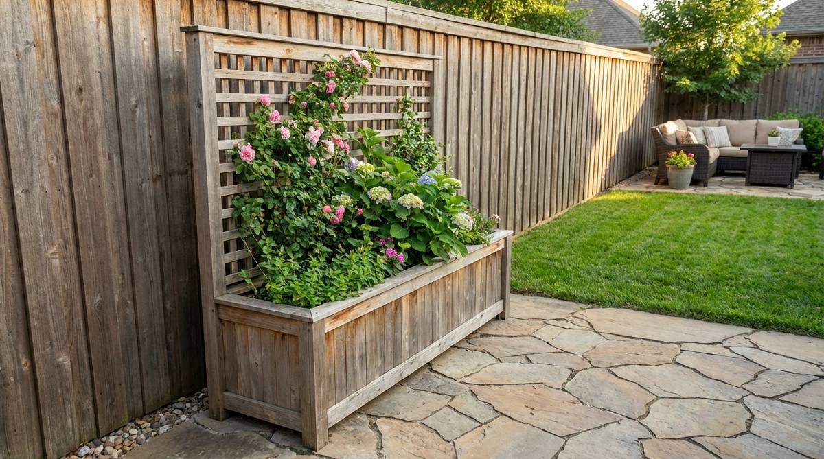 A small garden trellis screen planter combo unit featuring a 5-6 foot trellis panel integrated into a planter box, made from cedar, resin, or composite materials. This turnkey unit is positioned on a patio or property line, showcasing its stability and ease of installation without ground anchors, ideal for rental properties or temporary garden setups.