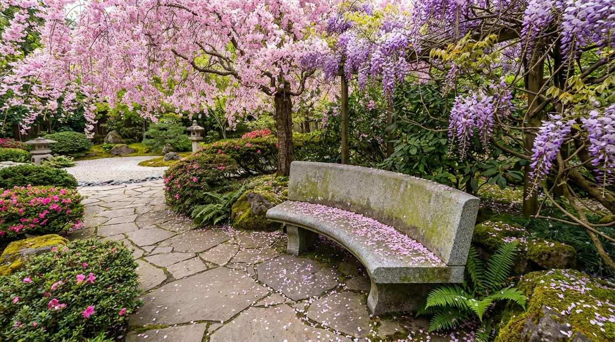 A stone bench positioned beneath flowering cherry or wisteria trees in a Japanese garden, designed for optimal viewing during peak bloom periods. The smooth seat surface captures fallen petals, enhancing the aesthetic experience with natural patterns.