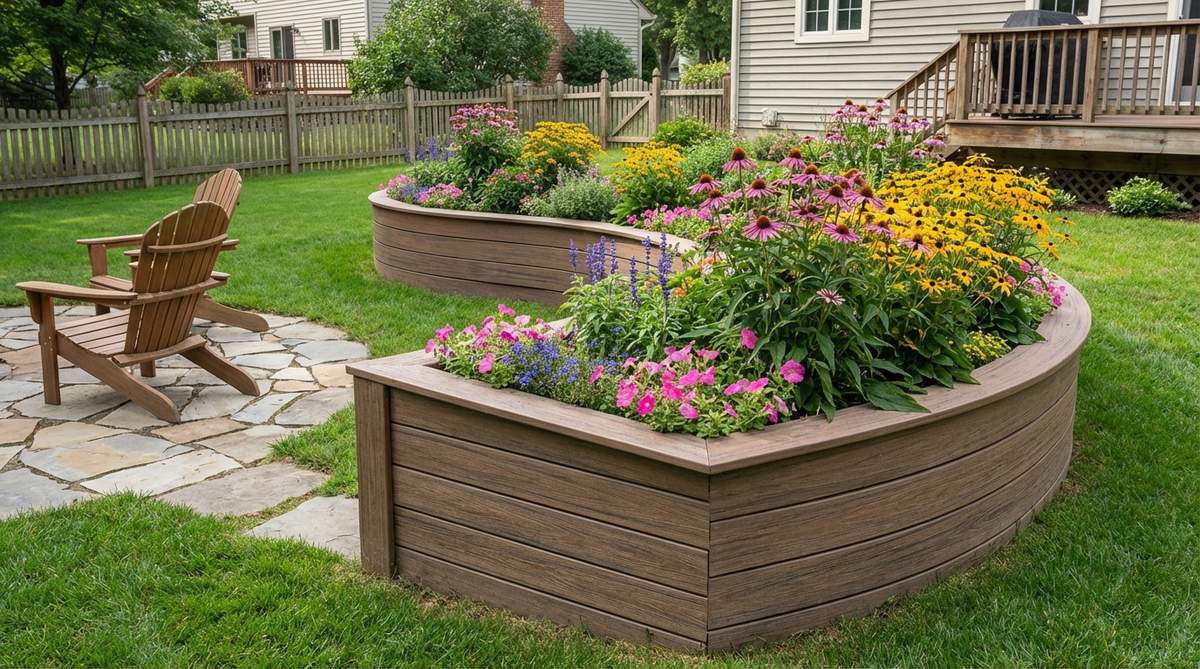 A raised garden bed with gentle S-curves created using flexible composite boards, featuring colorful flowers planted along the flowing edges to soften geometric rigidity and add movement to flat yards.