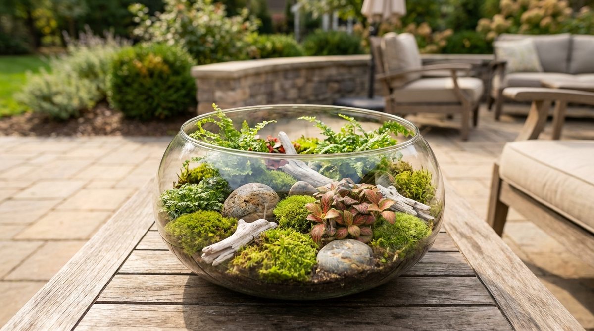 A wide, shallow glass bowl showcasing a miniature landscape with moss, ferns, and small-leaved fittonia arranged around decorative stones and driftwood. The open top design prevents humidity buildup, making it suitable for moisture-loving plants. Ideal as a coffee table or dining centerpiece, its low profile doesn't obstruct sight lines, and the glass magnifies visual details for close inspection.