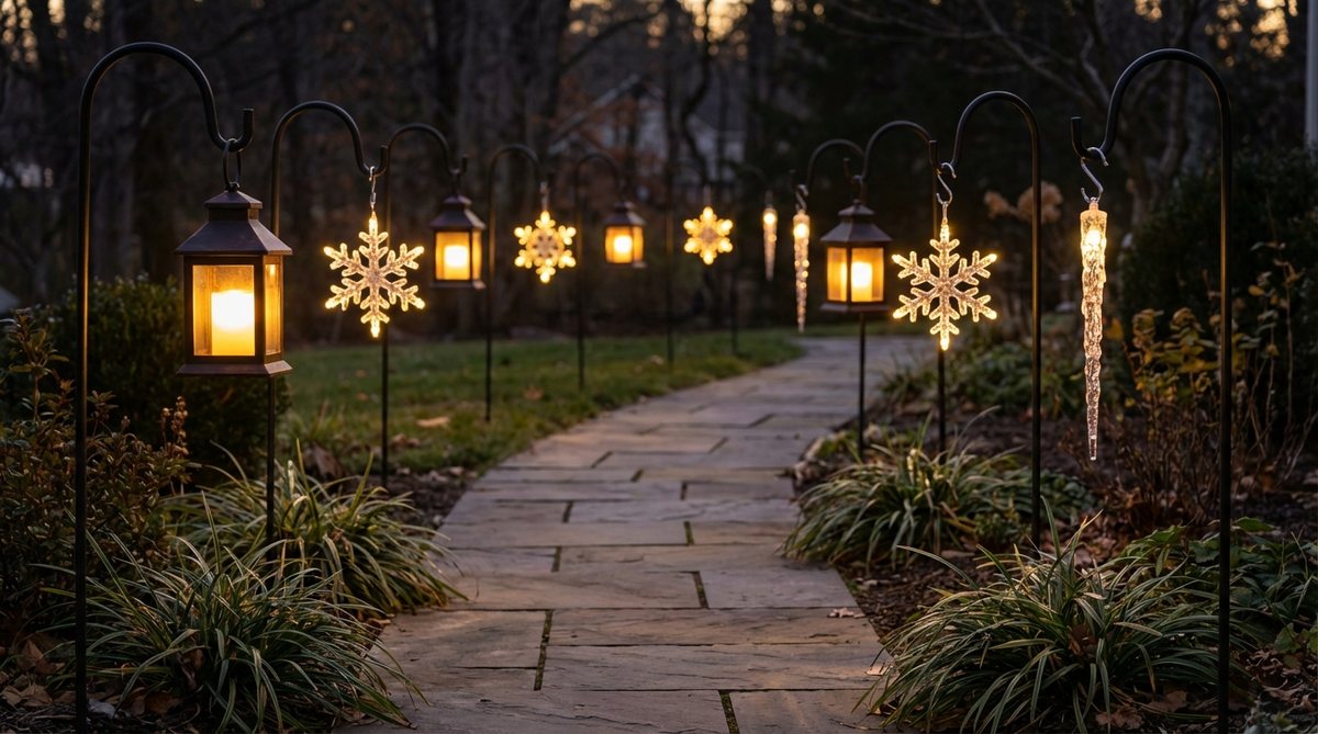 A garden pathway featuring metal shepherd's hooks spaced along it, supporting hanging lanterns, illuminated snowflakes, and glowing icicle ornaments at eye level. The hooks are arranged with alternating elements to create a varied visual rhythm, such as lantern-snowflake-lantern-icicle patterns, using S-hooks rated for outdoor exposure to prevent rust. This flexible display system allows for easy decoration changes throughout the season without ground modifications and is designed for reuse across multiple years.