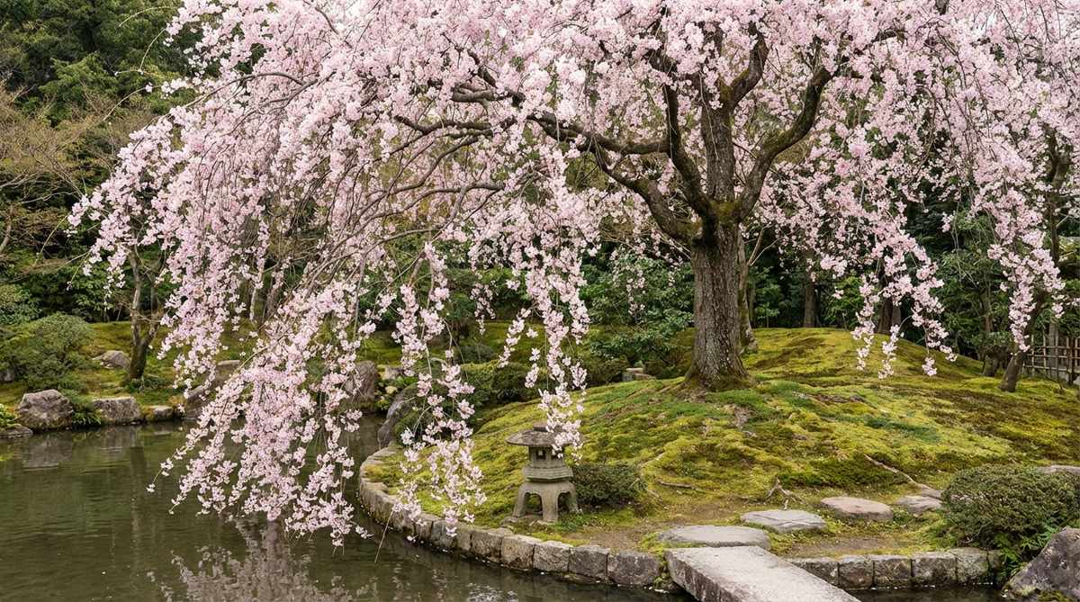 A mature Shidarezakura weeping cherry tree with cascading branches covered in pale pink flowers, creating a natural privacy screen near a water feature in a Japanese garden. The tree's weeping form is displayed on a slight elevation with branches sweeping to ground level, showcasing its dramatic floral curtains during sakura season.