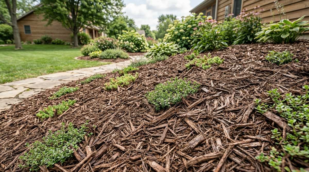Shredded bark mulch applied to a garden slope to prevent soil erosion, showing how the interlocking fibers create a protective mat that slows water runoff while allowing infiltration, with groundcover plants establishing through the bark layer for permanent erosion control on gentle to moderate grades.